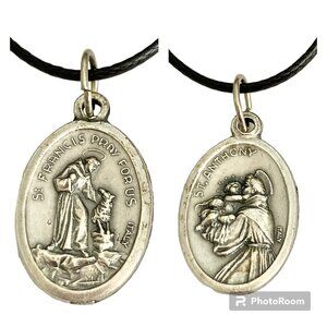 Vintage Saint St. Anthony Francis Medal Pendant Necklace Italy 18" Black Cord